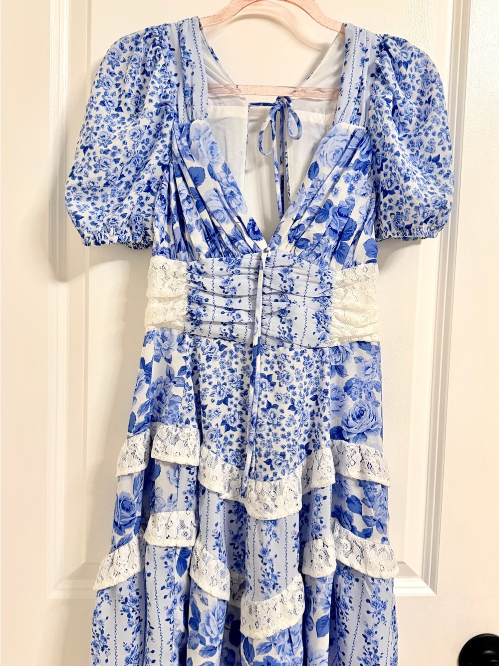 Altar'd State Blue & White Floral Lace-Tiered Maxi Dress